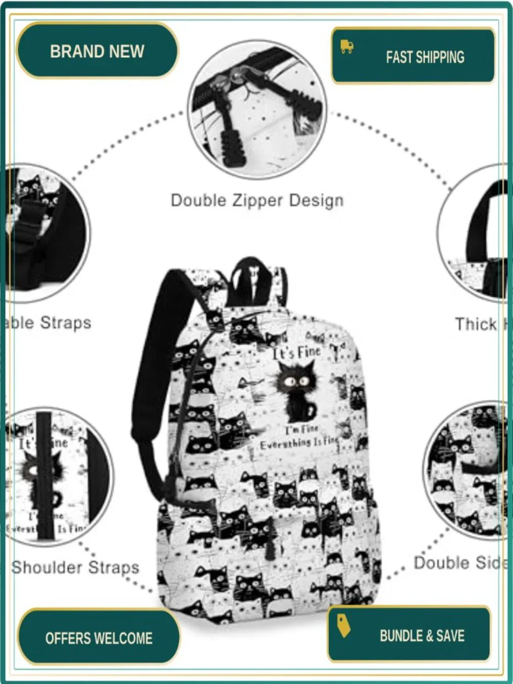 17 Inch Cat Laptop Backpack for School Travel Hiking - Polyester Daypack